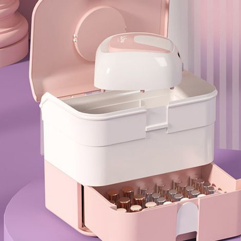 Boîte de rangement cosmétique portable, boîte de rangement en plastique anti-poussière pour rouges à lèvres, vernis à ongles et accessoires pour cheveux, de couleur rose girly. (1/5)