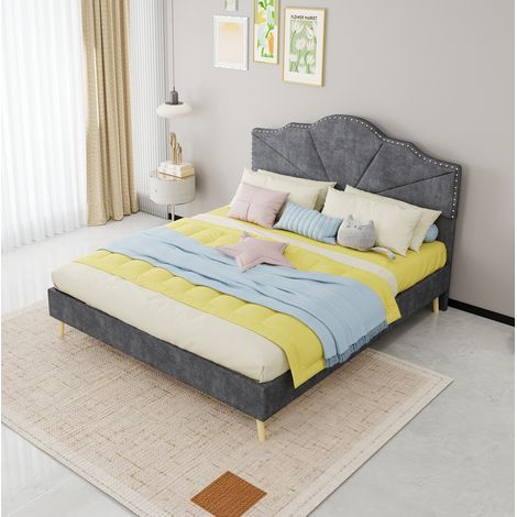 Lit 160x200 design géométrique tissu et métal gris OKMYHOME (1/5)