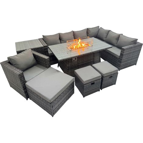 Fimous Garden Rattan Furniture Set 10 Seater Outdoor Corner Sofa Chair Gas Firepit Dining Table Set with Side Table 3 Stool Dark Grey (1/5)