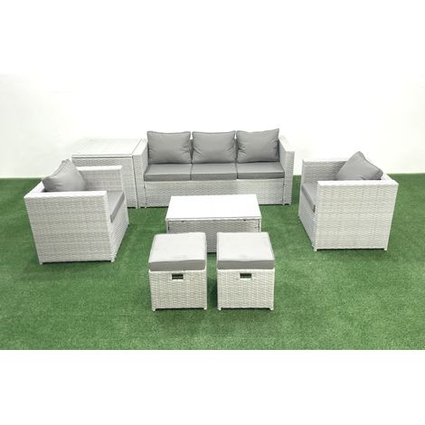 Fimous 7 places Salon de jardin avec Canapé 3 places 2 Chaise Table basse rectangulaire 2 Petits tabourets Table d'appoint Gris clair mixte (1/5)