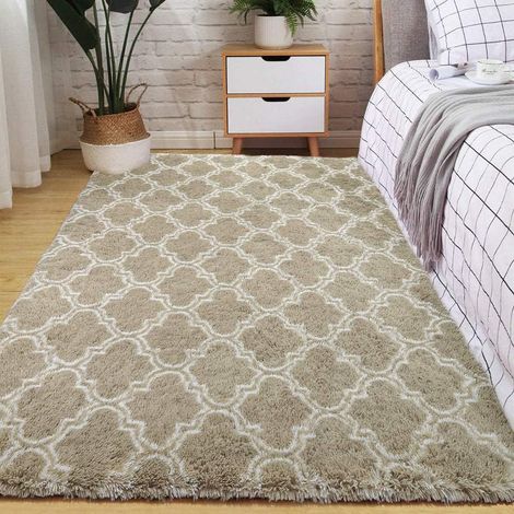 Soft, plush, long-pile rug with a tie-dye effect, perfect for the living room, bedroom, children's room, or as home decor (camel grid pattern, 120 x 160 cm) (1/5)