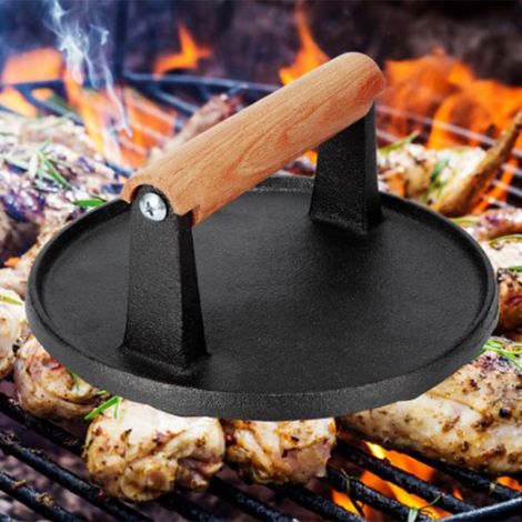 Presse à calamars ronde en métal, presse à viande, aplatisseur, outil de barbecue avec manche en bois pour pique-nique en plein air (1/5)