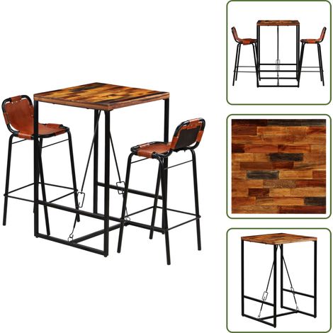 Ensemble de bar 3 pcs Bois massif recyclé et cuir de chèvre - Ensemble De Bar - Mobilier De Salle À Manger - Table De Bar - Chaises De Bar - Design Rétro (1/5)
