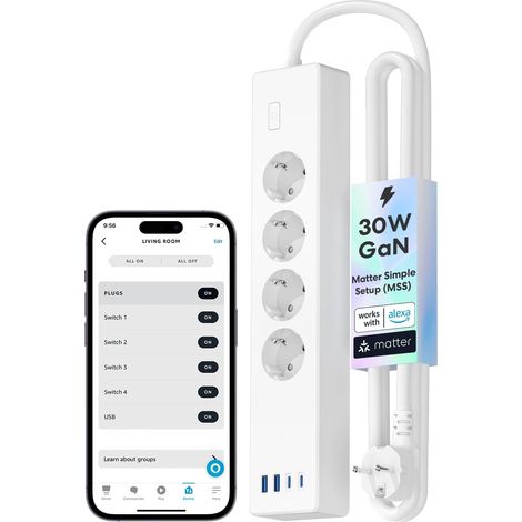 Multiprise Connectée Matter (Type F), 16A Multiprise WiFi GaN USB C PD 30W avec Matter Simple Setup, Compatible avec Alexa, Apple Home et Google Home, 4 Prises CA, 2 USB-A et 2 USB-C (1/5)