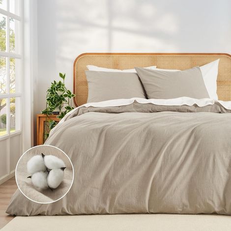 Housse de Couette 220x240 Beige Ultra-Doux Coton 100% Prélavé Ultra Doux Oeko-TEX Parure de lit - Housse de Couette 240x220 + 2 Taies d'oreiller 65x65,Toutes avec Fermeture Éclair (1/5)