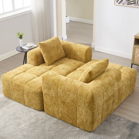 Divano chaise longue monoposto in ciniglia gialla, con cuscino e tasche laterali HAVRYA (1/5)