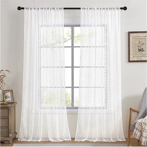 Rideau tulle dentelle rétro 145x114cm blanc passe tringle salon (1/5)
