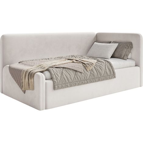 Selsey Fanko – Jugendbett 90x200 cm mit Rausfallschutz, Matratze, Kopfteil rechts, Samt, Hellbeige