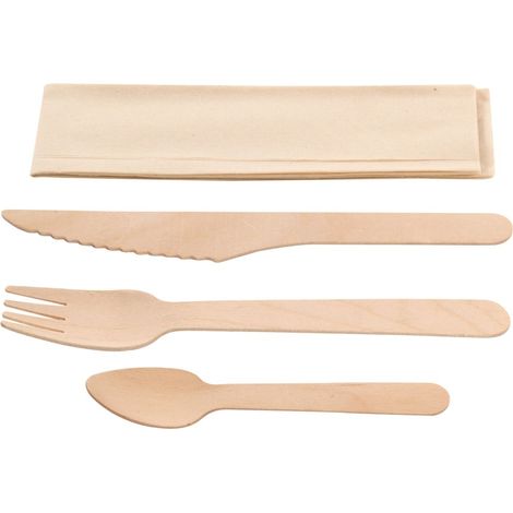 Kit couverts 4 en 1 en bois : couteau + fourchette + petite cuillère + serviette kraft - 500 unités - Betik