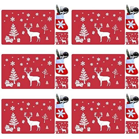 Ensemble de 18 sets de table, sous-verres et couverts de Noël rouges en PVC lavable. (1/5)