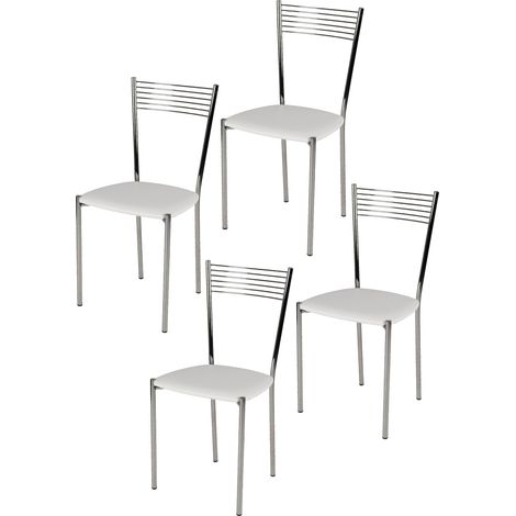 T M C S – Set de 4 chaises ELEGANCE – Structure acier chromé – Assise rembourrée cuir artificiel blanc – Hauteur 87 cm, profondeur 44 cm (1/5)