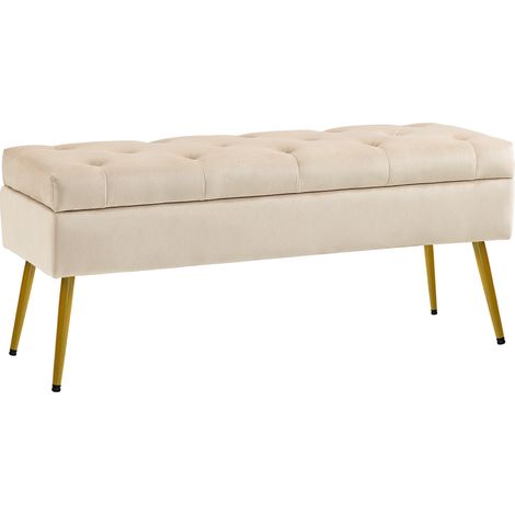 Banc de rangement aspect velours, repose-pieds capitonné, structure en métal, 102 x 35 x 43 cm, beige (1/5)