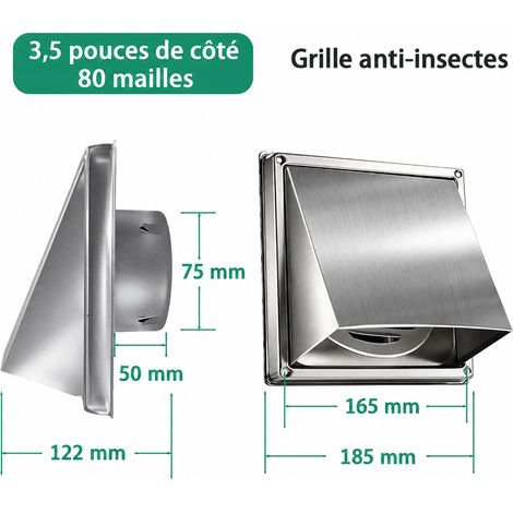 Grille d'aération murale extérieure inox 3,5 pouces 80 mm avec grille intégrée chapeau de ventilation sortie sèche-linge – 19 × 19 × 12 cm – Livraison gratuite (1/5)