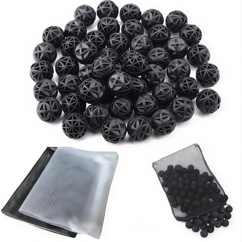 90 piezas de filtro de tanque de peces de acuario de 18 mm, bolas biológicas para filtración, red de filtración (negro) + 15 x 20 cm/2 piezas de filtro de acuario Maille Sacs