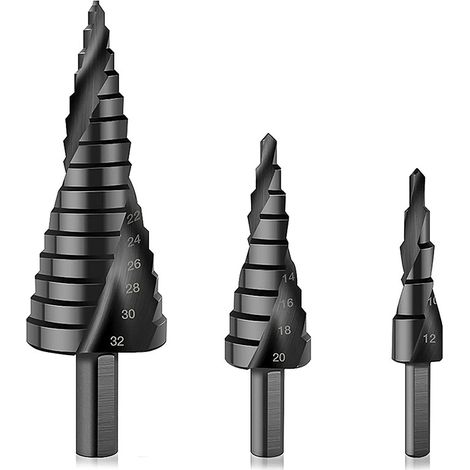 3Pcs Foret Étagé 4-12/20/32mm, Foret Fraise Meche Etage, Inox Metal, Triangle Conique Titane, pour Visseuse Percage sur Acier, Laiton, Bois, Plastique