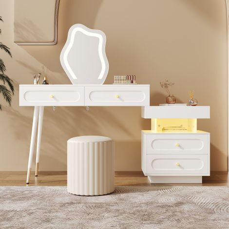 Coiffeuse avec Miroir LED et Éclairage - Ensemble de coiffeuse blanche pour chambre à coucher avec 4 tiroirs spacieux et1 compartiment de rangement ouvert - Blanc,(sans tabouret)