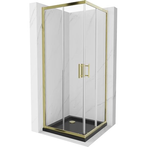 Mexen Rio quadratische Duschkabine 80 x 80 cm, Transparent, Gold + Duschwanne Flat, Schwarz- 860-080