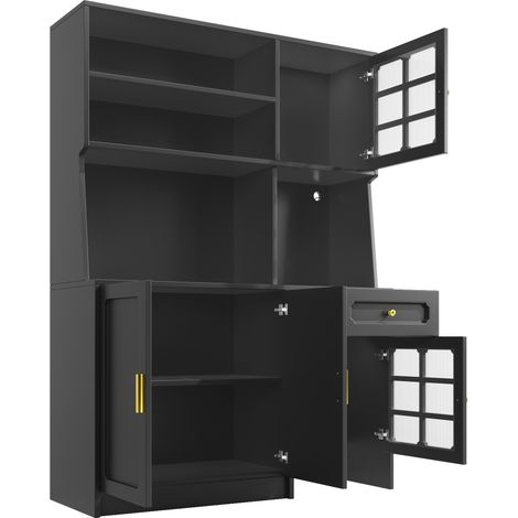 Hoher Küchenschrank 130 x 45 x 180 cm aus MDF, schwarz, mit Glastüren und LED MODENUIT (1/5)