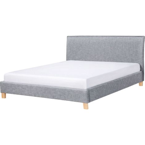 Bed Frame Grey Fabric Upholstery Wooden Legs EU King Size 5ft3 Slatted with Headboard Minimalistic Scandinavian Style SENNEZ
