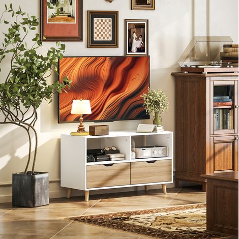 Mueble para TV de madera blanco 99x39x58 cm con 2 huecos abiertos, 2 cajones y gestión de cables (1/5)