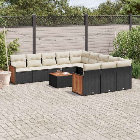 Ensemble de Jardin 12 Places Modulable Noir Résine Tressée, avec Table en Acacia et Coussins Blanc Crème Lavables (1/5)