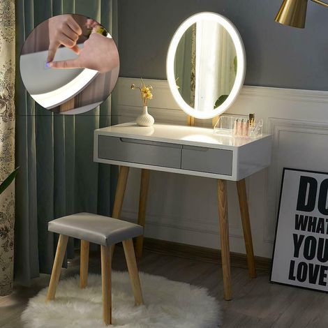 Puluomis Dressing Table with LED Lights Mirror, Vanity Makeup Table Set with Adjustable Brightness Mirror, Cushioned Stool and Free Make-up Organizer, Double Drawer, Oval Mirror