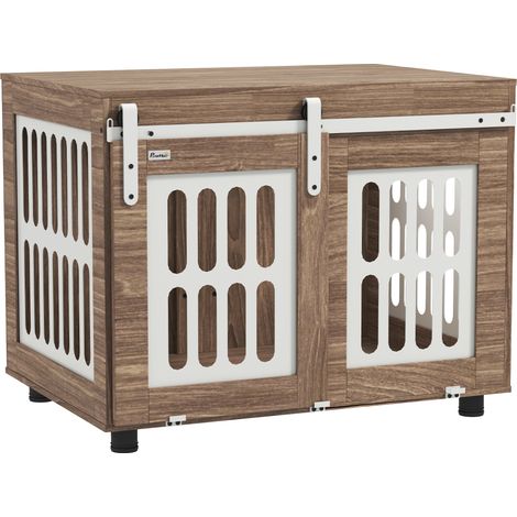 Cage meuble pour chien porte coulissante table d’appoint noyer 80 x 59 x 63 cm niche intérieure design