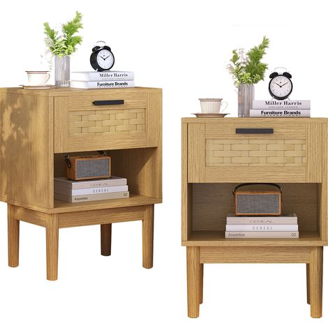 Table de chevet lot de 2 en rotin naturel tressé à la main avec 1 tiroir et étagère ouverte style bohème pour chambre et salon (Naturel)