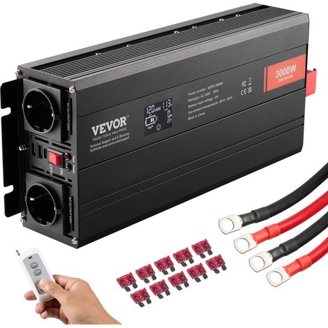 VEVOR Inversor de Corriente de Onda Sinusoidal Pura Inversor de Corriente 3000 W CC 12 V a CA 230 V con 2 Salidas de CA, 2 Puertos USB, 1 Puerto Tipo C y Control Remoto para telefonos inteligentes, PC (1/5)