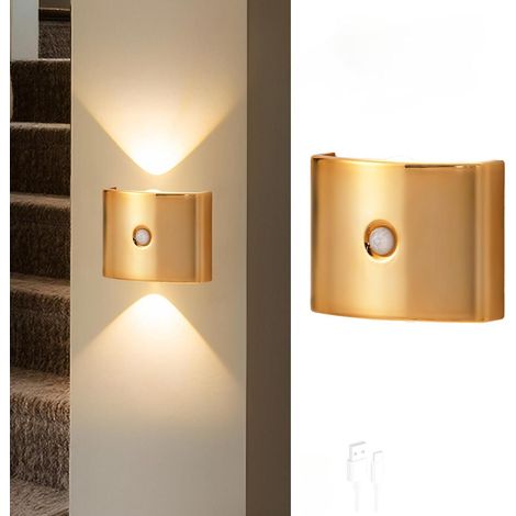 LED Lampe Murale avec Détecteur de Mouvement USB Rechargeable Sans Fil Applique Murale Tricolore Dimmable Eclairage Mural 3 Modes Eclairage (AUTO/OFF/ON) Salon Chambre Couloir (Doré,1 Pièce) [Classe é (1/5)