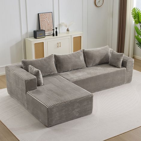Divano angolare modulare L in velluto a coste grigio con chaise longue, senza montaggio, OKWISH (1/5)