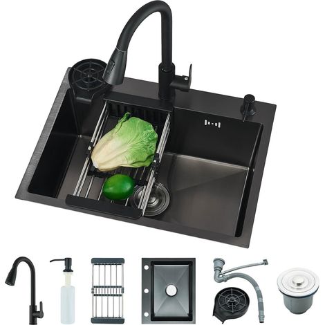 Évier de Cuisine Multifonction 1 Bac Noir 60 45CM en Acier Inoxydable Évier 1 bac avec Robinet Extensible Distributeur de Savon Lave-gobelet Panier égoutteur