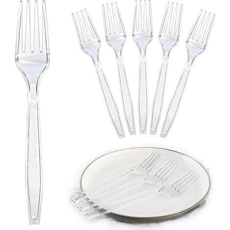Lot de 100 fourchettes en plastique - Fourchettes à gâteau - Couverts en plastique réutilisables et robustes - Fourchettes pour fêtes de famille, fêtes d'anniversaire, mariages (1/3)