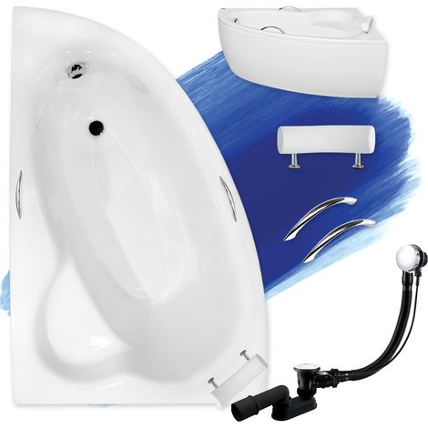 Badewanne Eckbadewanne 150x100 Links mit AcrylSchürze + Handgriffen + Kopfstütze, Ablauf & Füße GRATIS, SET 6in1 - BADLAND NATALIA PREMIUM (1/5)