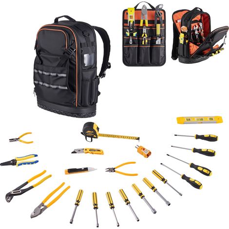 Sac à outils professionnel, 65 poches, robuste, compartiment ordinateur portable, base moulée, idéal électricien, réparateur, technicien HVAC. (1/5)