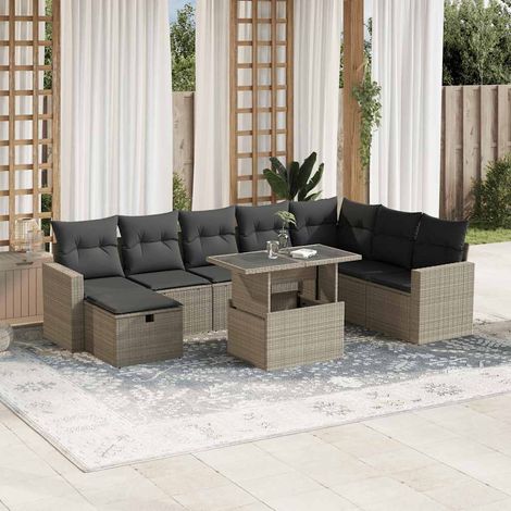 Set muebles jardín 9 pzas y cojines ratán sintético gris claro vidaXL (1/5)