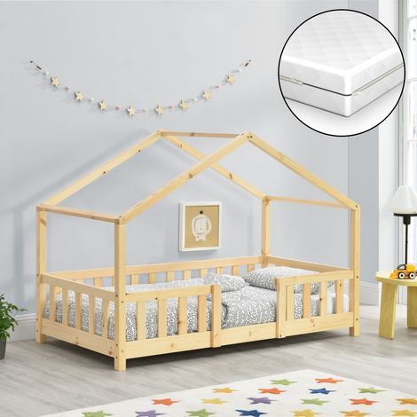 Letto per Cameretta Treviolo a Forma di Casetta in Stile Montessori con Materasso 70x140 cm - Color Naturale [en.casa] (1/5)