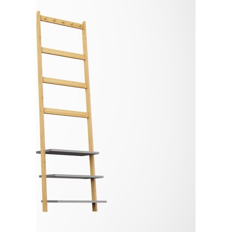Échelle porte-serviettes en bambou avec 3 étagères, 4 barres et 5 crochets, porte-vêtements sur pied pour salle de bain, chambre et entrée CHICFURN (1/5)