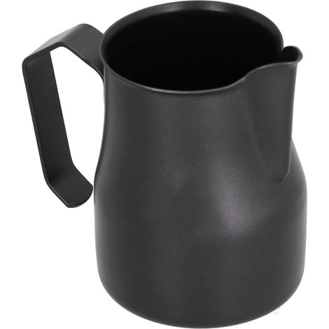 Milchkaraffe aus Edelstahl für Kaffee, 500 ml Barista-Kanne, breiter Korpus, schwarz und silber mit Logo (1/5)