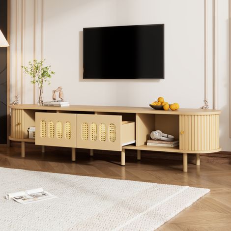 Meuble TV 180 x 40 x 40 cm pour TV 75 pouces, 2 portes, 2 volets coulissants, rangement, MDF bois clair rotin (1/5)
