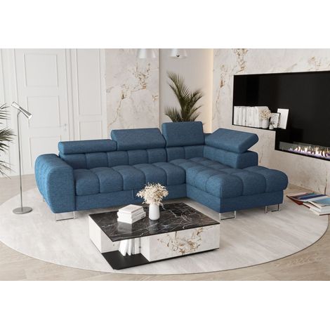 Ecksofa Schlafsofa BASTIEN in Stoff Aragon Blau Ottomane Rechts