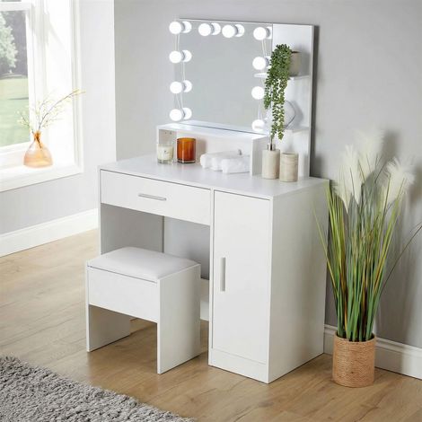 White Bedroom Dressing Table with Stool LED Lights Vanity Makeup Desk Mirror Set (1/5)