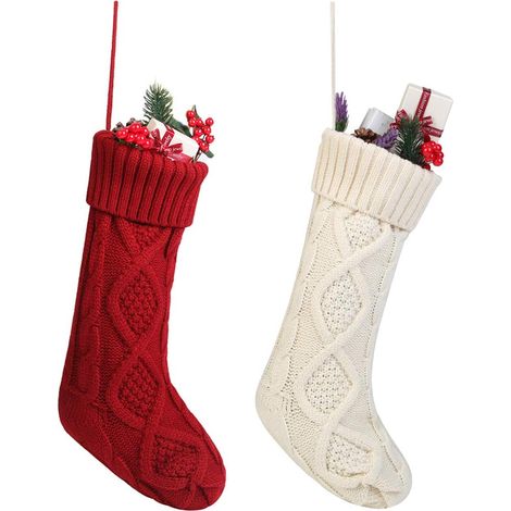 Calcetín Navideño - Tejido En Trenza - Poliéster - 45 7 Cm - Blanco E Marfil - Decoración Clásica - 2 Unidades (1/5)
