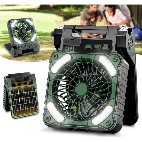 Ventilador con panel solar，10400 mAh，recargable，funciona con pilas，con luces LED，4 velocidades (1/5)