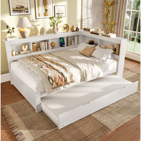 Tagesbett 140x200 cm Weiß aus MDF und Kiefernholz mit Ausziehbett, 2 Schubladen, Steckdose und 2 USB-Anschlüssen (1/5)