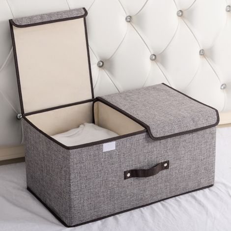 Caja de almacenamiento plegable de doble tapa hecha de algodón y lino, caja de almacenamiento grande para varios artículos, caja de almacenamiento de ropa interior con tapa, venta al por mayor (Gris, 