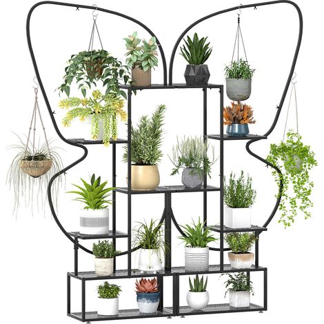 Étagère porte-plantes noire en métal à 6 niveaux avec 12 plateaux et 4 crochets, structure stable et réglable pour salon (1/5)