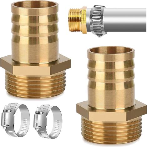 2 Pièces Raccords Cannelé Tuyau en Laiton, Raccords De Tuyau En Laiton De 1"x 32mm (11/4"), Mâle Tuyau Filetage, Tuyau Cannelé Raccord, Raccord de Tuyau in Brass, Avec 2 Colliers de Serrage (1/5)