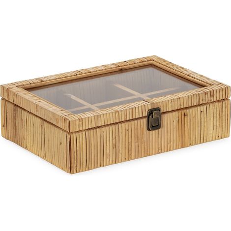Boîte à bijoux en bois d'épicéa et rotin avec couvercle vitré - Naturel bois clair et rotin (1/4)