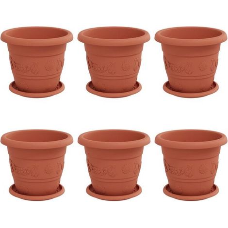 Six pots de fleurs, rouge brique, 22 cm de diamètre, 18 cm de hauteur, en plastique. (1/5)